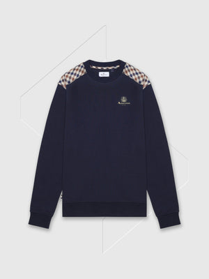 Aquascutum Club Check Shoulder Crew Neck Fleece Sweatshirt Navy from Saxumo.com