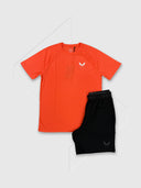 Castore Adapt Training Branded Elastic T-Shirt/Short Set Bright Orange/Mid Grey/Black from Saxumo.com