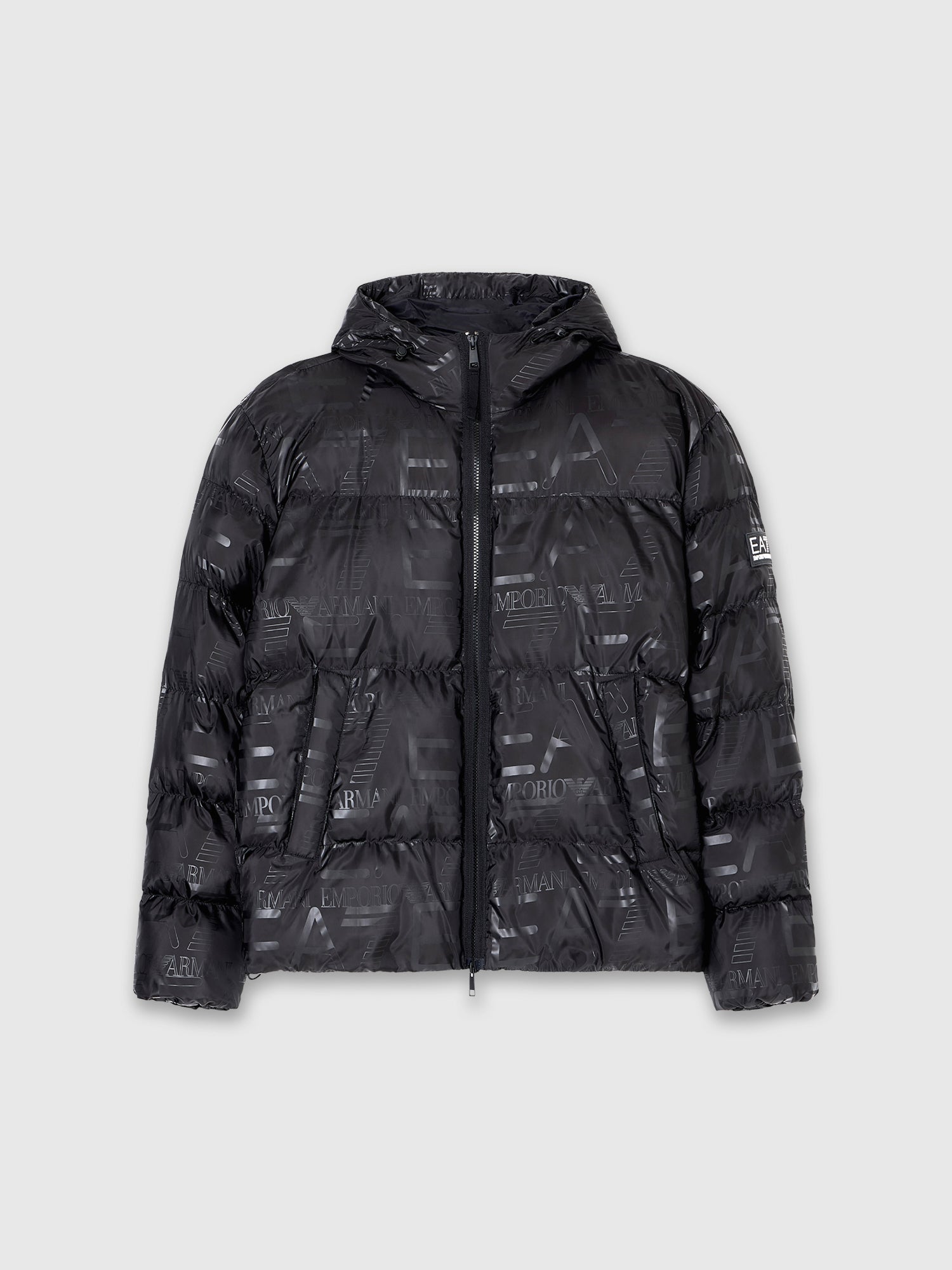 EA7 Emporio Armani Padded Hooded Jacket With All-over Logo Print Black from Saxumo.com