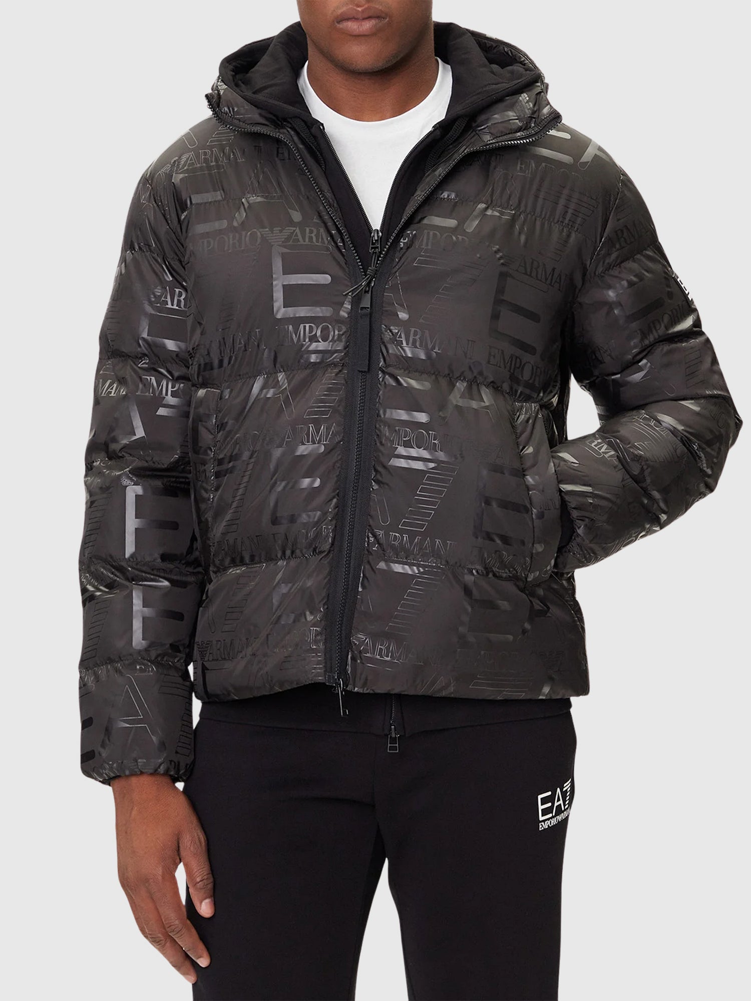 EA7 Emporio Armani Padded Hooded Jacket With All-over Logo Print Black from Saxumo.com