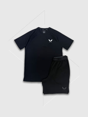 Castore Adapt Training Branded Elastic T-Shirt/Short Set Black/White/Black from Saxumo.com