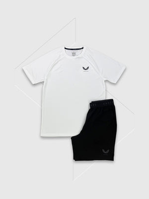 Castore Adapt Training Branded Elastic T-Shirt/Short Set White/Black from Saxumo.com